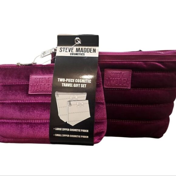 Steve Madden Logo Plate Quilted Velvet Nylon Cosmetic Pouch Set - Picture 4 of 8